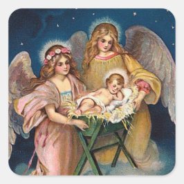 Pegatina Cuadrada Escena de la Natividad de los "Ángeles Navidades"