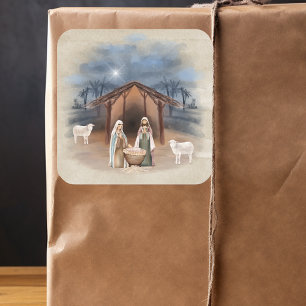 Pegatina Cuadrada Escena de la Natividad del Pesebre de Navidad en A
