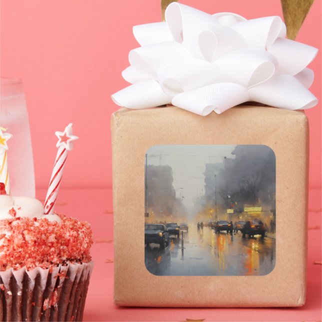 Pegatina Cuadrada Escena de lluvia nocturna urbana (Fiesta)