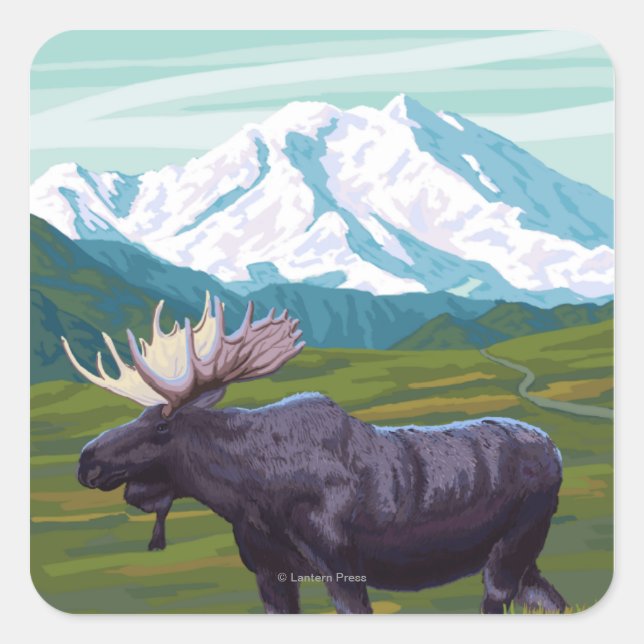 Pegatina Cuadrada Escena de Moose - Wrangell, Alaska (Anverso)