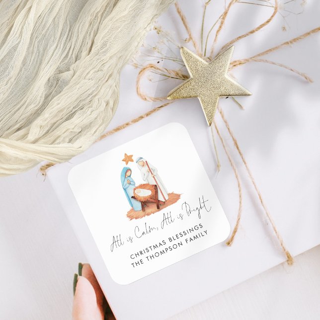 Pegatina Cuadrada Escena De Natividad Simple Todo Es Nombre De Calma (Mary Joseph  and Baby Jesus Manger All Is Calm Nativity Scene Christmas Gift Stickers)