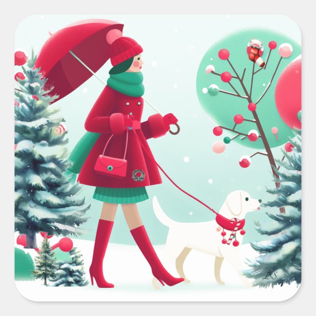 Pegatina Cuadrada Escena de Navidad niña paseando al perro (Anverso)