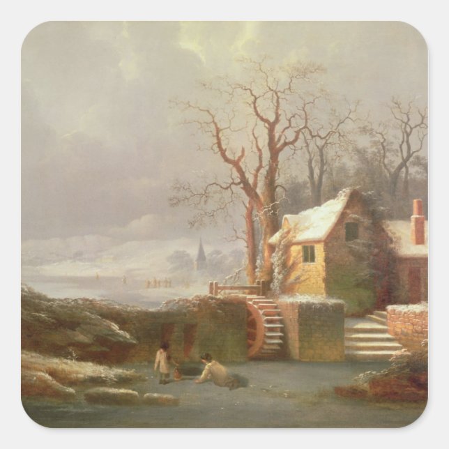 Pegatina Cuadrada Escena de nieve con molinos y cabañas (Anverso)