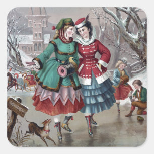 Pegatina Cuadrada Escena De Patinaje De Invierno Vintage