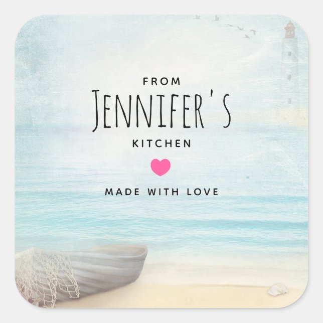 Pegatina Cuadrada Escena de playa costera con cocina en bote de made (Anverso)