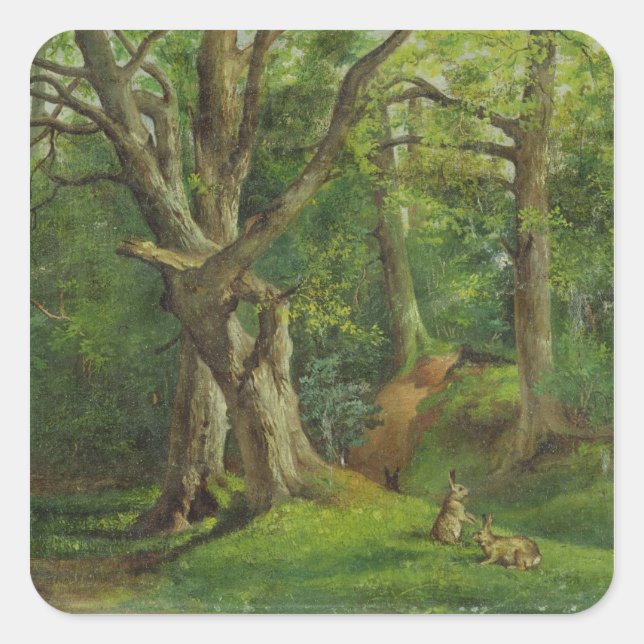 Pegatina Cuadrada Escena de Woodland con conejos, 1862 (aceite sobre (Anverso)