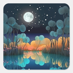 Pegatina Cuadrada Escena del lago de la Luna llena de Starry Sky