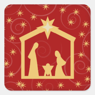 Pegatina Cuadrada Escena festiva roja de la natividad del navidad