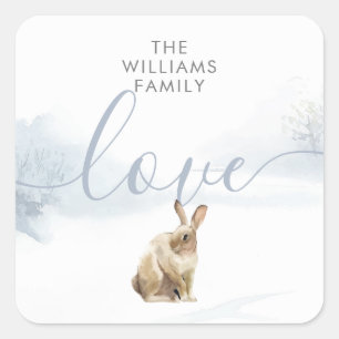 Pegatina Cuadrada Escena Invernal del Bosque con Liebre