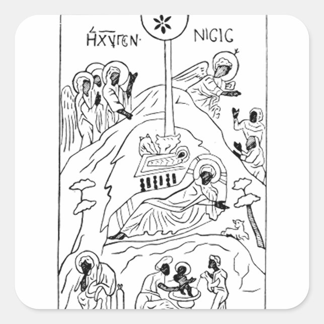 Pegatina Cuadrada Escena minimalista ortodoxa de la Natividad (Anverso)