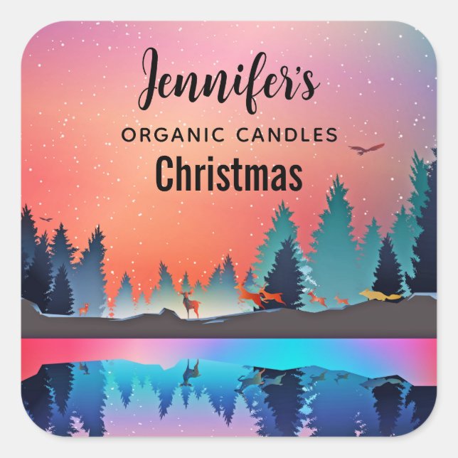 Pegatina Cuadrada Escenario de Winter Lake con Candle Deer Biz (Anverso)