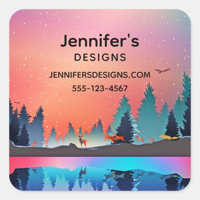 Pegatina Cuadrada Escenario lago invernal con comercio de ciervos (Anverso)
