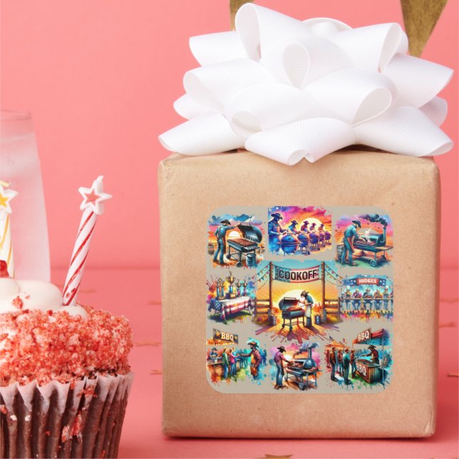 Pegatina Cuadrada Escenas de Cocina de Cowboy Occidental BBQ 1 (Fiesta)