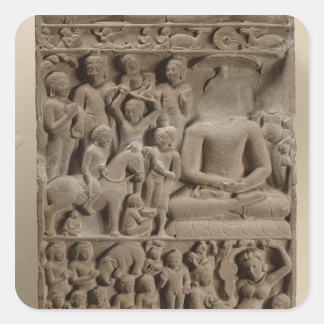 Pegatina Cuadrada Escenas de la vida de Buda, Sarnath, Uttar Pradesh (Anverso)