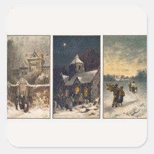Pegatina Cuadrada Escenas vintage navideñas de invierno (1865-1899)