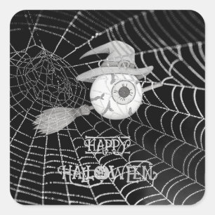 Pegatina Cuadrada escoba de brujas de Halloween, ojo temible, telara