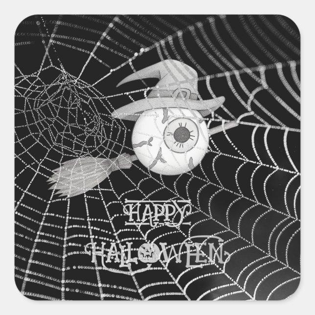 Pegatina Cuadrada escoba de brujas de Halloween, ojo temible, telara (Anverso)