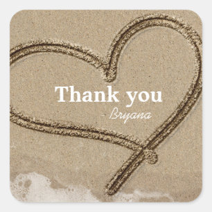 Pegatina Cuadrada Escribiendo en Sand Heart Beach Wedding Favor Pega