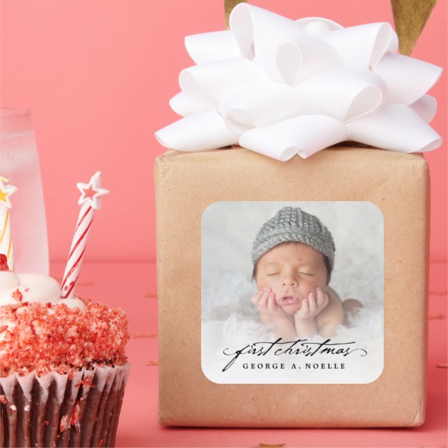 Pegatina Cuadrada Escritura a mano antigua foto de primer Navidad de (Fiesta)