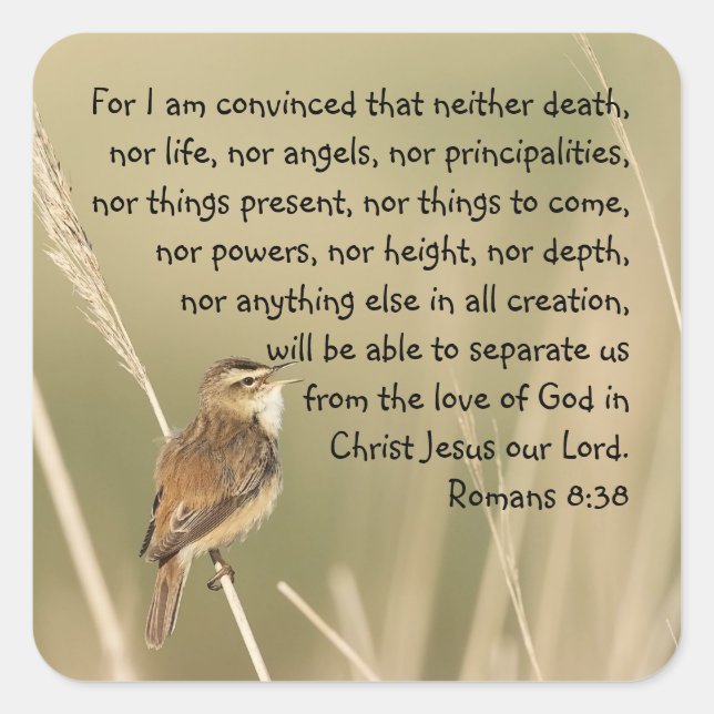Pegatina Cuadrada Escritura Biblia inspiradora Cita Romanos 8:38 (Anverso)