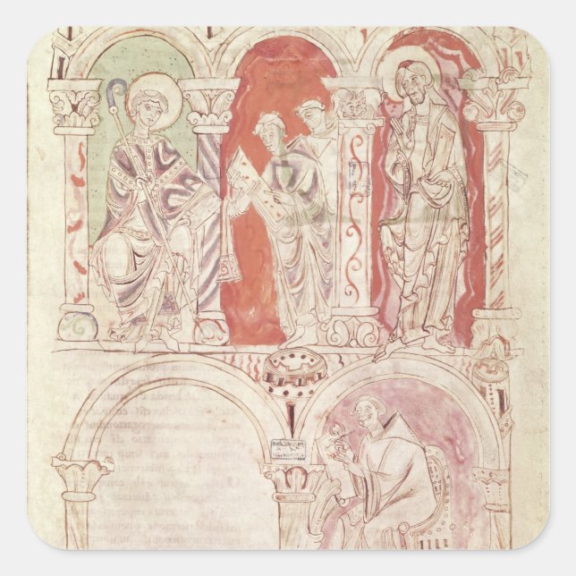 Pegatina Cuadrada Escritura de St. John Cassian y ofrecimiento de mo (Anverso)