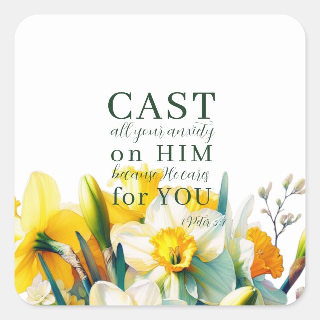 Pegatina Cuadrada Escritura floral 1 Peter 5:7 (Anverso)