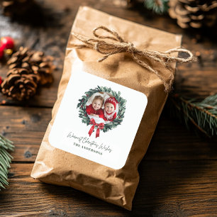 Pegatina Cuadrada Escritura personalizada de Navidades con foto y no