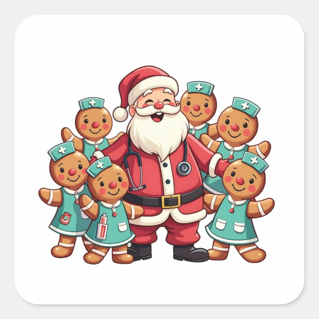 Pegatina Cuadrada Escuadrón de Enfermería de Santa Claus Gingerbread (Anverso)