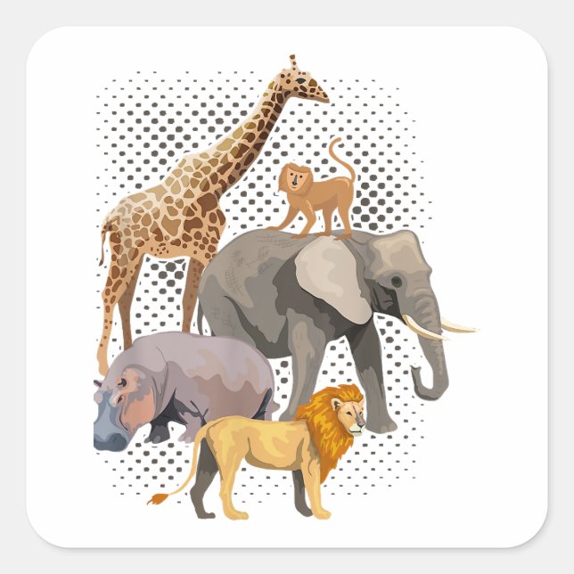 Pegatina Cuadrada Escuadrón Safari Africano Animales Graciosos Zooló (Anverso)