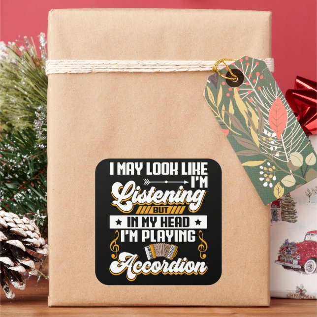 Pegatina Cuadrada Escuchando divertida en mi cabeza estoy jugando ac (Vacaciones)