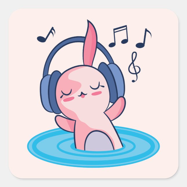 Pegatina Cuadrada Escuche De Música De Cute Axolotl (Anverso)