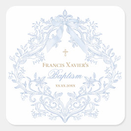 Pegatina Cuadrada escudo azul acuarela bebé niño Bautismo