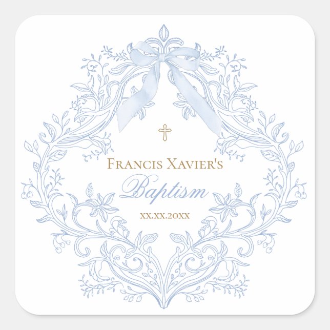 Pegatina Cuadrada escudo azul acuarela bebé niño Bautismo (Anverso)