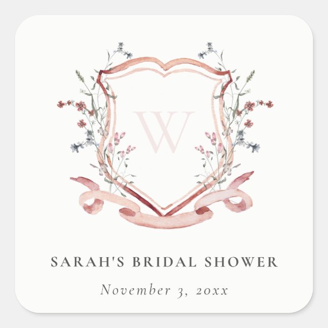 Pegatina Cuadrada Escudo de acuarela de flores silvestres rosadas (Anverso)