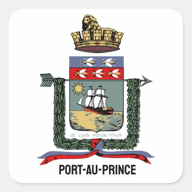 Pegatina Cuadrada Escudo de armas de Puerto Príncipe, HAITÍ (Anverso)