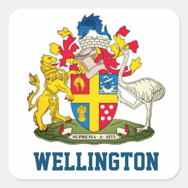 Pegatina Cuadrada Escudo de armas de Wellington, Nueva Zelandia (Anverso)