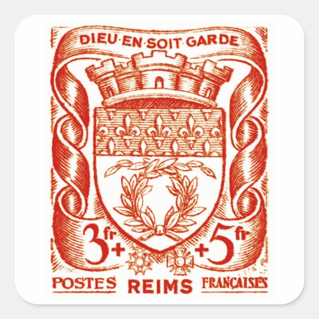 Pegatina Cuadrada Escudo de armas, Reims Francia (Anverso)