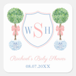 Pegatina Cuadrada Escudo de monograma clásico de Boxwood Baby Shower