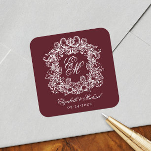 Pegatina Cuadrada Escudo de monograma de boda elegante burgundy vint