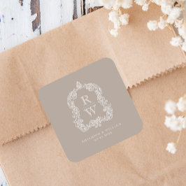 Pegatina Cuadrada Escudo de Monograma de Vintage Nombres Boda de Tau