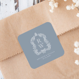 Pegatina Cuadrada Escudo de monograma vintage Nombres Boda azul turb