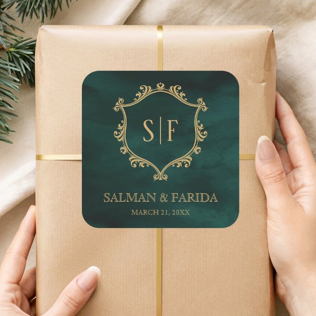 Pegatina Cuadrada Escudo de oro verde esmeralda en favor de la boda (Subido por el creador)