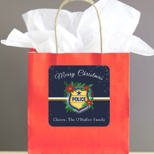 Pegatina Cuadrada Escudo de policía con poinsettias Feliz Navidad