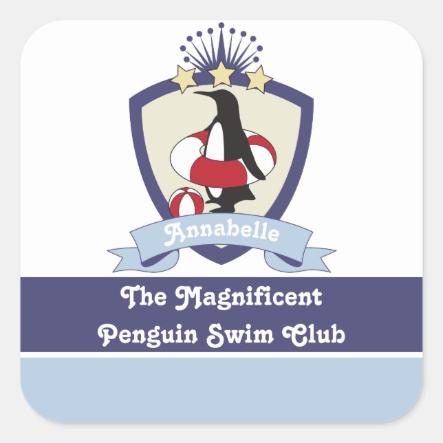 Pegatina Cuadrada Escudo del Club de Natación Personalizado Cute Niñ (Anverso)