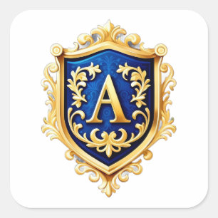 Pegatina Cuadrada Escudo dorado ornamentado con cresta y letra A