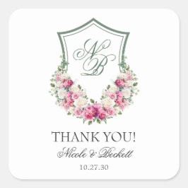 Pegatina Cuadrada Escudo Floral Rosa Boda Gracias