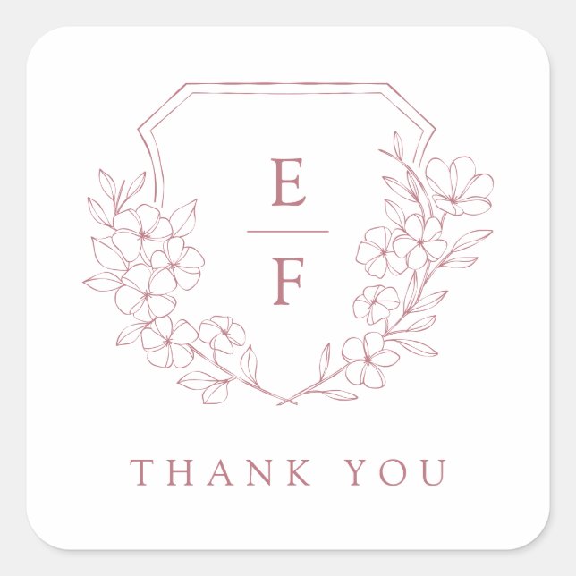 Pegatina Cuadrada Escudo monograma simple y elegante de cerezo rosa (Anverso)