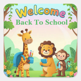Pegatina Cuadrada Escuela de animales de la jungla de bienvenida