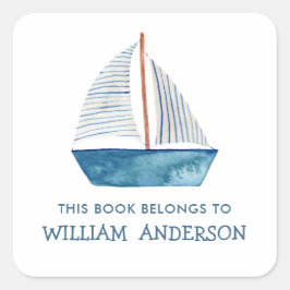 Pegatina Cuadrada Escuela personalizada Nautical Blue Boat Boys