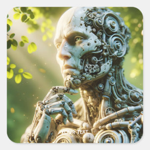 Pegatina Cuadrada Escultura de cara de robot linda de fantasía